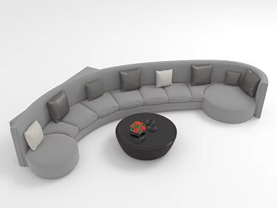 Curved Gray Sectional Sofa with Gray Beige Cushions Black Round Coffee Table Red Decor 3d model