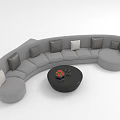 Curved Gray Sectional Sofa with Gray Beige Cushions Black Round Coffee Table Red Decor
