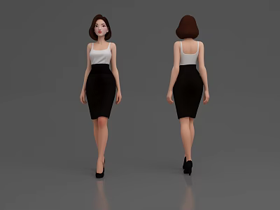 Woman Wearing White Tank Top Black Skirt High Heels Front and Back View Gray Background 3d model