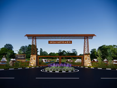 Woodlands Safari Park Entrance Gate With Wooden Arch Circular Flower Bed Purple Blooms Green Trees 3d model