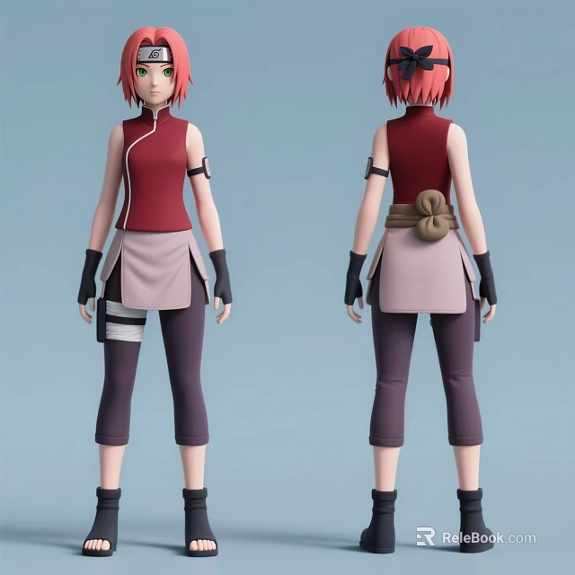 Woman 3D Character Model Front Back View With Red Sleeveless Top Brown Belt Gray Pants Design 3d model 