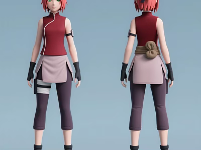 Woman 3D Character Model Front Back View With Red Sleeveless Top Brown Belt Gray Pants Design 3d model