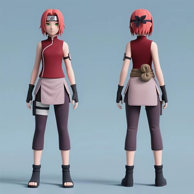 Woman 3D Character Model Front Back View With Red Sleeveless Top Brown Belt Gray Pants Design 3d model