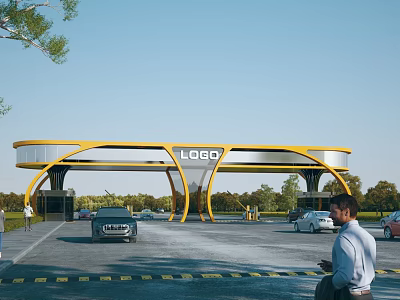 Modern Yellow Curved Entrance Gate With Logo Sign And Cars Passing By 3d model