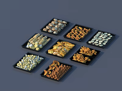 Assorted Delicious Food Snack Varieties Arranged in Multiple Black Trays 3d model