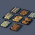 Assorted Delicious Food Snack Varieties Arranged in Multiple Black Trays