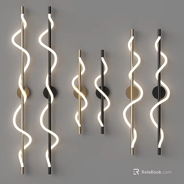 Modern Spiral Design Wall Lamps with Gold and Black Finish Illuminated in Gray Background 3d model 