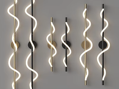 Modern Spiral Design Wall Lamps with Gold and Black Finish Illuminated in Gray Background 3d model