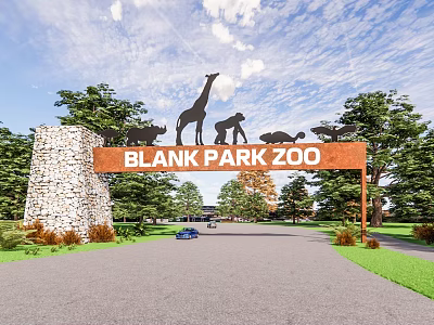 Blank Park Zoo Entrance Gate With Animal Silhouettes On Stone Pillars And Surrounding Trees 3d model