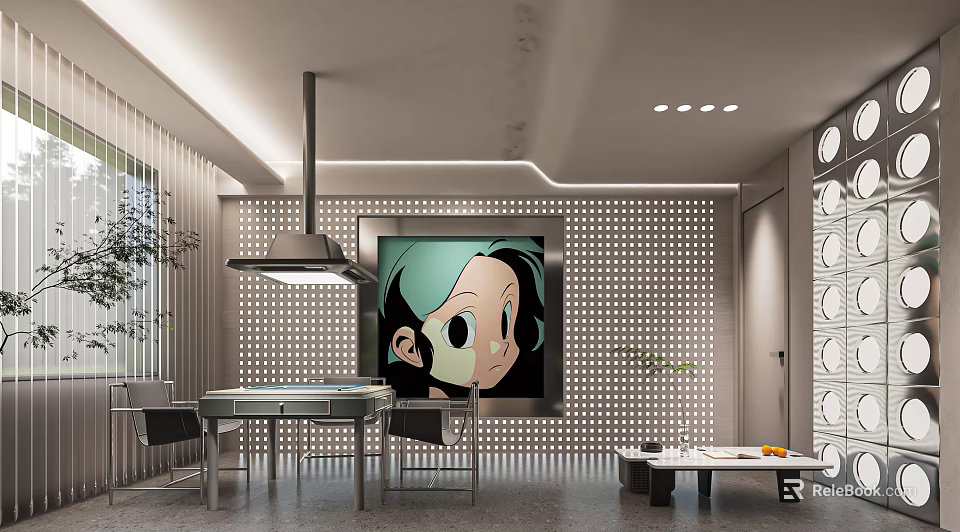 Modern Hotel Mahjong Room Interior With Mahjong Table Decorative Painting And Cozy Seats 3d model 