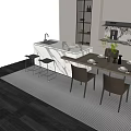 Modern Kitchen Dining Table Set With Wooden Table Gray Chairs And Patterned Rug 3d model