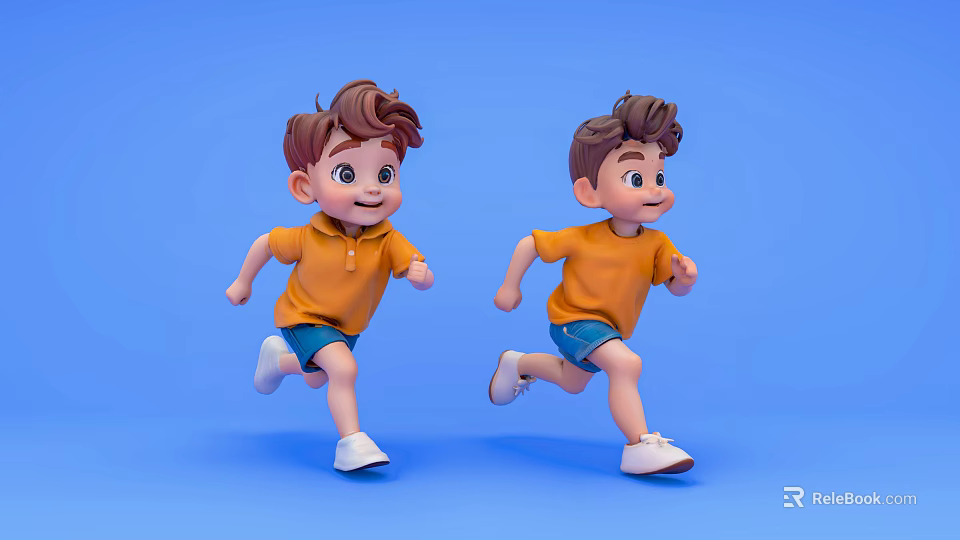 Two Cartoon Game Movie Characters Running In Orange Shirts Blue Shorts On Blue Background 3d model 