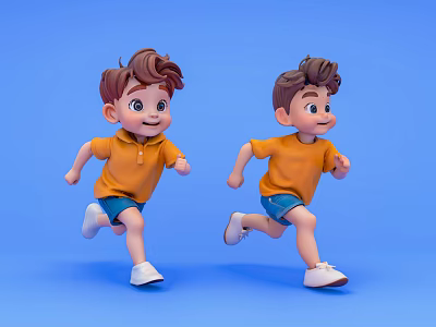 Two Cartoon Game Movie Characters Running In Orange Shirts Blue Shorts On Blue Background 3d model