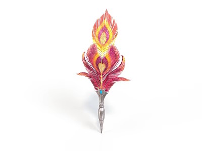 Vibrant Red Yellow Orange Feather Decorative Accessory With Metallic Base And Intricate Design 3d model
