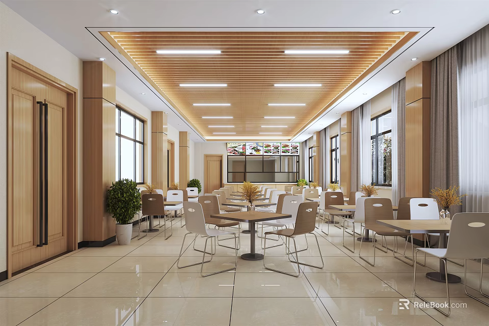 Bright Restaurant Interior With Wooden Ceiling Windows And Green Plants 3d model