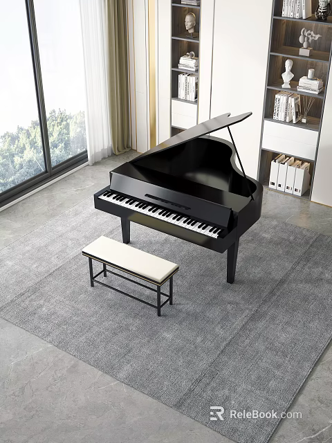 Black Grand Piano with Bench in Bright Room Near Window and Bookshelves 3d model 