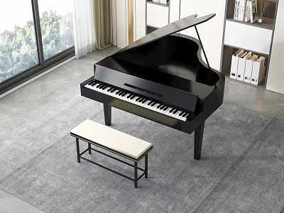 Black Grand Piano with Bench in Bright Room Near Window and Bookshelves 3d model