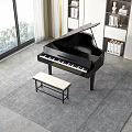 Black Grand Piano with Bench in Bright Room Near Window and Bookshelves