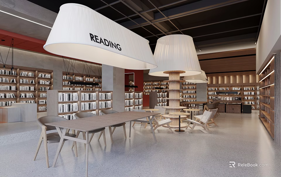 Modern Book Art Interior Design With Wooden Bookshelves Reading Tables And Pendant Lights 3d model 