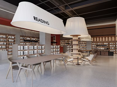 Modern Book Art Interior Design With Wooden Bookshelves Reading Tables And Pendant Lights 3d model