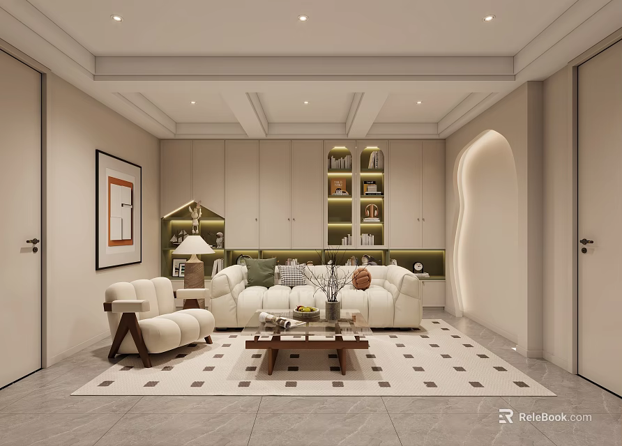 Modern Living Room Interior Design With White Sofa Wooden Coffee Table And Geometric Rug 3d model 