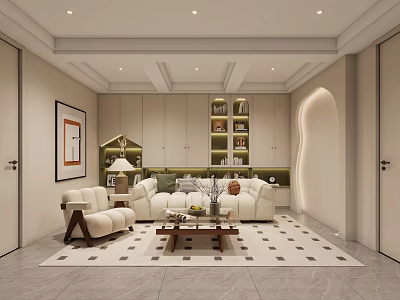 Modern Living Room Interior Design With White Sofa Wooden Coffee Table And Geometric Rug 3d model