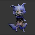 Anthropomorphic Blue Cat Game Movie Character Standing With Red Green Toy Gun And Tail