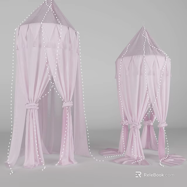 Soft Pink Canopy Bed Curtains With String Light Decor For Bedroom Design 3d model