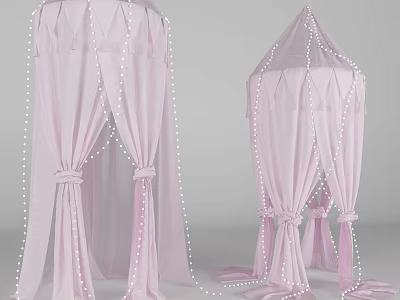 Soft Pink Canopy Bed Curtains With String Light Decor For Bedroom Design 3d model
