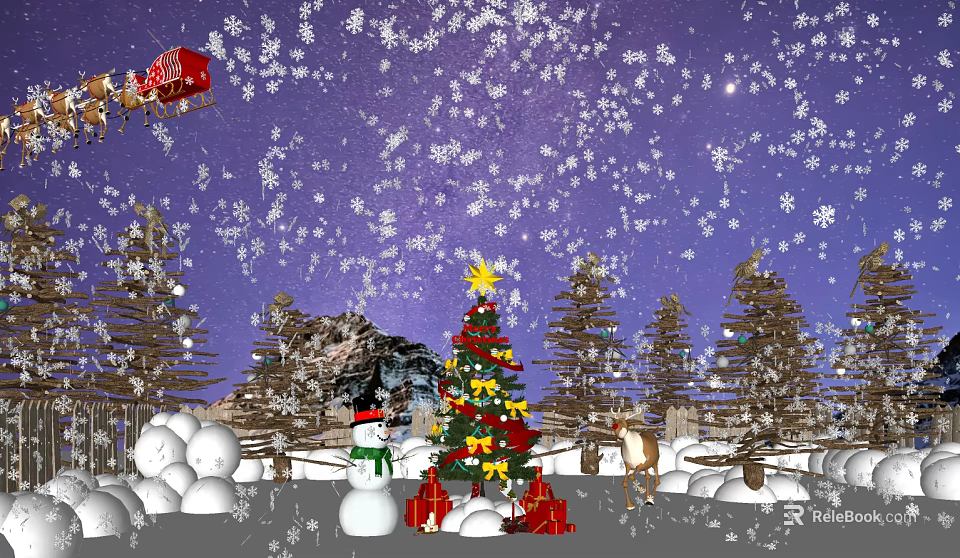 Christmas Floral Decor Display With Snowy Night Scene Tree Gifts Snowman And Reindeer 3d model 