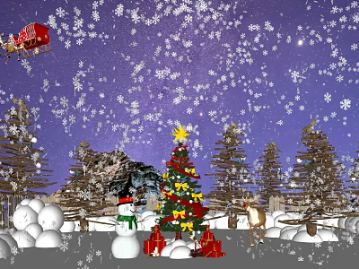 Christmas Floral Decor Display With Snowy Night Scene Tree Gifts Snowman And Reindeer 3d model