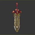 Ornate Fantasy Sword with Intricate Gold Blue Design and Decorative Hilt Sheath 3d model