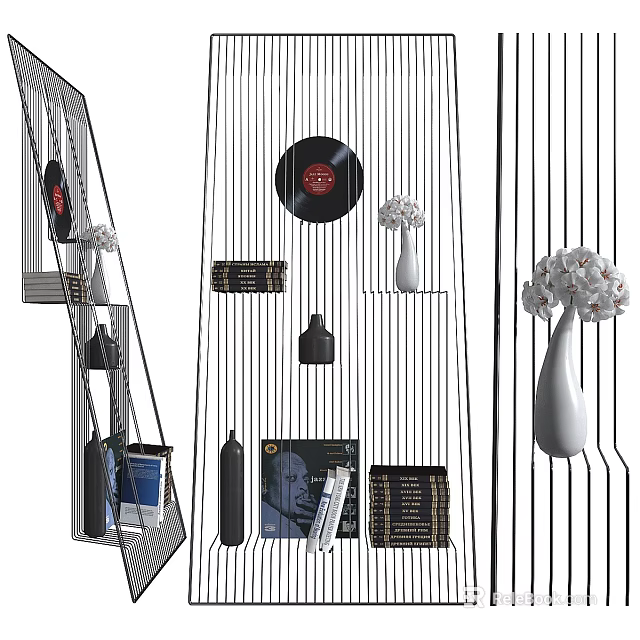 Modern Open Shelf With Portrait Vinyl Record Black Bottle Vases And Books 3d model 