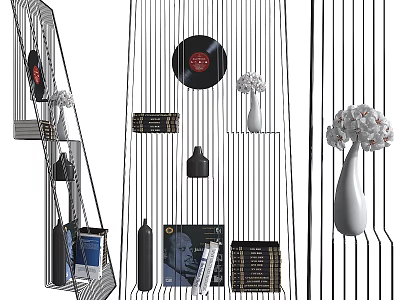 Modern Open Shelf With Portrait Vinyl Record Black Bottle Vases And Books 3d model