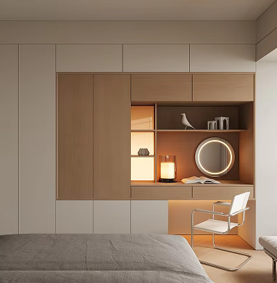 Modern Wooden Closet Interior Design With Open Shelves Mirror And Lighting 3d model