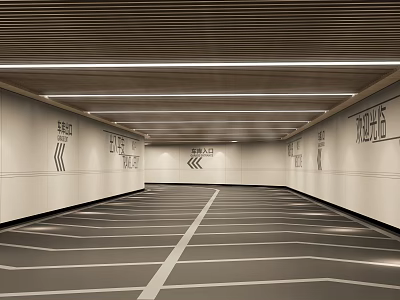 Modern Spacious Parking Garage Interior With Directional Signs Striped Floor And Ceiling Lighting 3d model