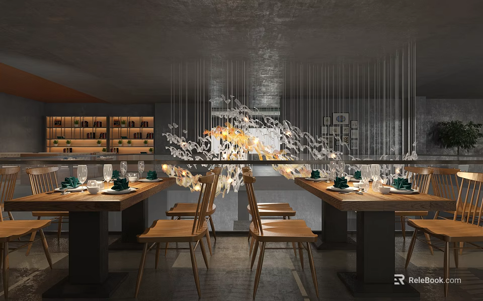 Modern Coffee Shop Interior With Artistic Pendant Lights Wooden Tables And Chairs 3d model 