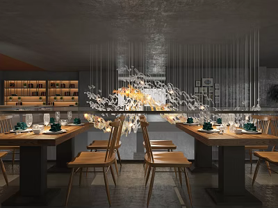 Modern Coffee Shop Interior With Artistic Pendant Lights Wooden Tables And Chairs 3d model
