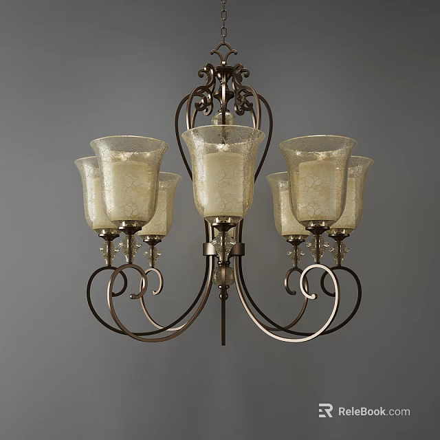 Ornate Metal Frame Chandelier With Glass Shades And Curved Scroll Design Details 3d model 