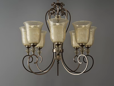Ornate Metal Frame Chandelier With Glass Shades And Curved Scroll Design Details 3d model