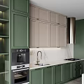 Modern Green Kitchen Interior With Marble Countertop Island Range Hood And Cabinets