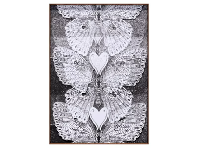 Black and White Decorative Butterfly Artwork with Intricate Wings and Heart Shapes 3d model