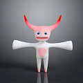 Pink And White Cartoon Character With Red Horns Blue Eyes And Circular Chest