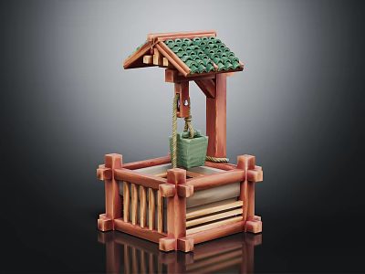 Traditional Wooden Well Model With Green Tiled Roof And Hanging Bucket 3d model