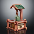 Traditional Wooden Well Model With Green Tiled Roof And Hanging Bucket