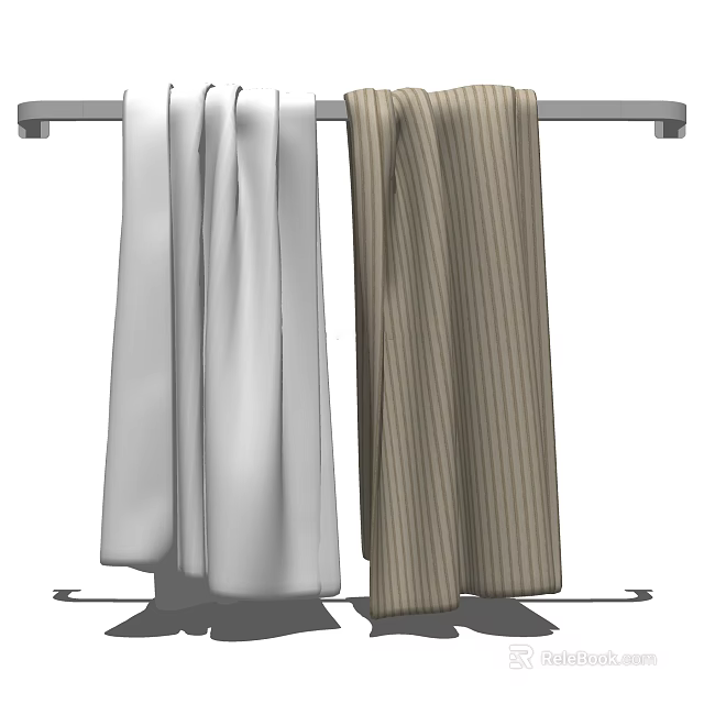 White and Brown Striped Bath Towels Hanging on Metal Rack for Bathroom Decor 3d model 