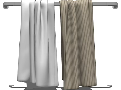 White and Brown Striped Bath Towels Hanging on Metal Rack for Bathroom Decor 3d model