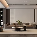 Modern Living Room Interior With TV Wall Brown Chair Round Coffee Tables And Green Plant