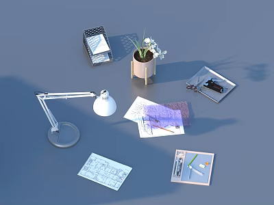 Essential Daily Living Supplies Including Desk Lamp Potted Plant Notebook And Stationery 3d model