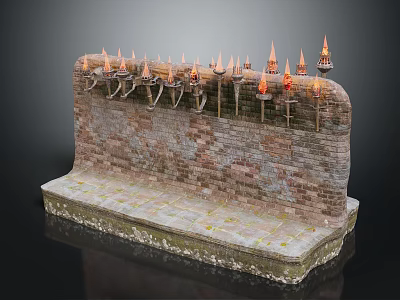 Ancient Style Brick Wall Structure With Lit Torches On Stone Platform Base 3d model